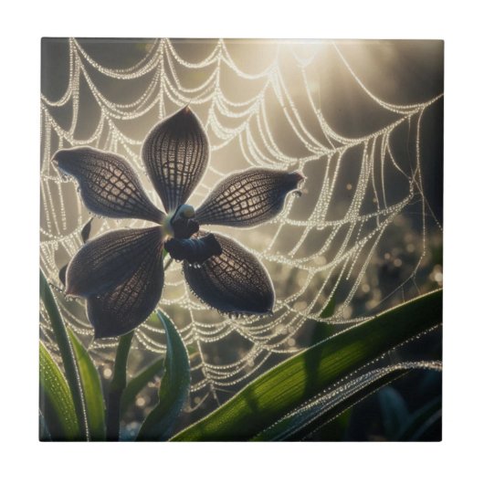 Black Orchid Spiderweb Floral Tegeltje (Voorkant)