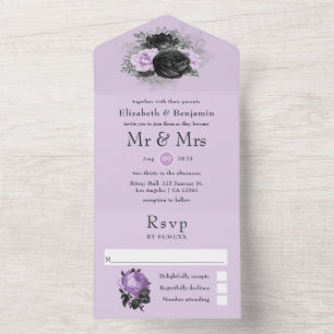 Black Paars en Silver Floral Gothic Wedding All All In One Uitnodiging