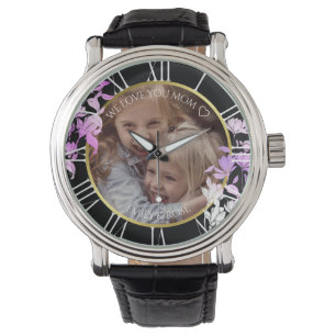 Black Paars Floral Custom Children Photo Template Horloge
