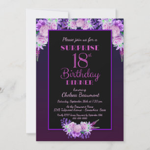 Black Paars Floral Surprise 18th Birthday Dinner Kaart