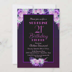 Black Paars Floral Surprise 21st Birthday Dinner Kaart