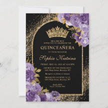 Black Paars Plum Gold Glitter Floral Quinceanera