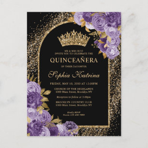 Black Paars Plum Gold Glitter Floral Quinceanera Uitnodiging Briefkaart