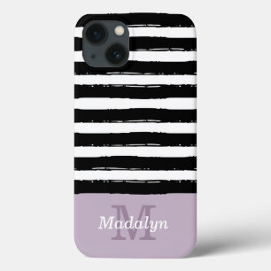 Black Paint Stripes Pattern met Lila Monogram Ca iPhone 13 Hoesje