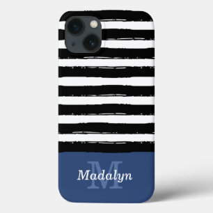 Black Paint Stripes Pattern met Navy Monogram Cas iPhone 13 Hoesje