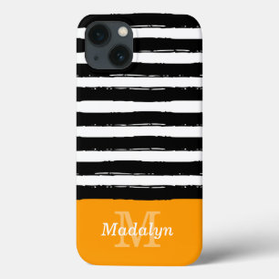 Black Paint Stripes Pattern met Oranje Monogram C iPhone 13 Hoesje