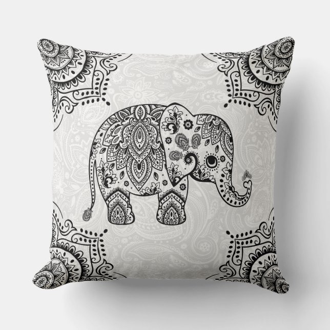 Black Paisley Elephant Illustratie Kussen (Voorkant)