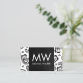 Black Paisley Flower Pattern | Zwart leder Visitekaartje (Staand voorkant)