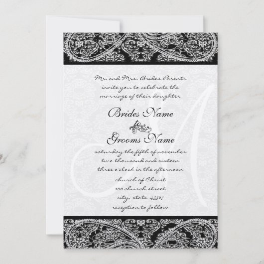 Black Paisley Monogram Damask Wedding Invitation Kaart (Voorkant)