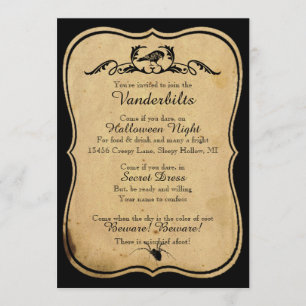 Black Parchment Raven Halloween Party Invitation Kaart