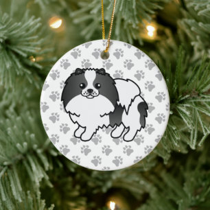 Black Parti-Color Pomeranian Cute Dog & Paws Keramisch Ornament