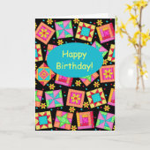 Black Patchwork Quilt Block Art Happy Birthday Kaart (Gele Bloem)
