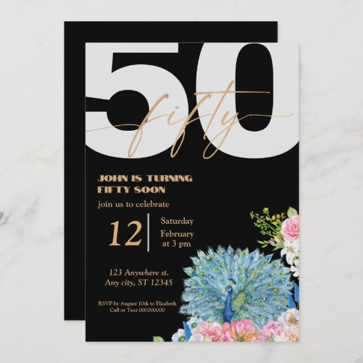 Black Peacock 50e anniversaire Invitations (Devant / Derrière)