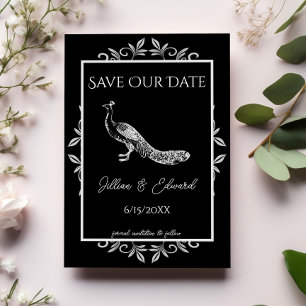 Black Peacock Flourish Save the Date Aankondiging