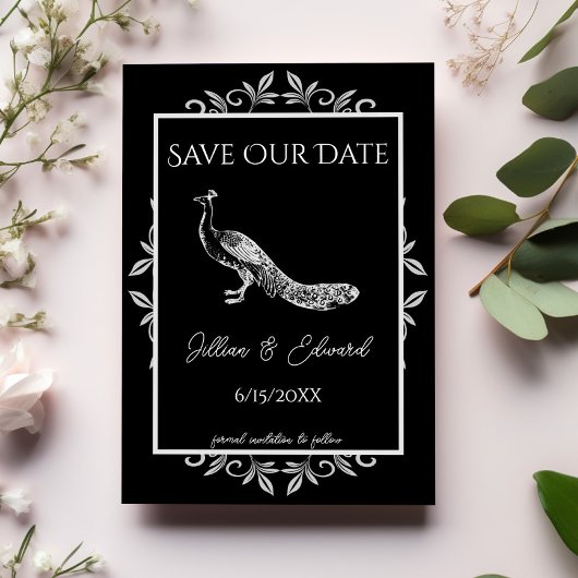 Black Peacock Flourish Save the Date Aankondiging