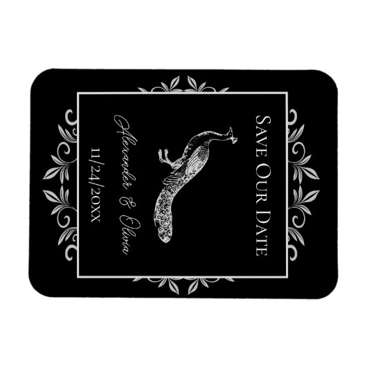 Black Peacock Flourish Save the Date Magnet Magneet (Horizontaal)