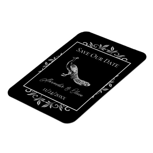 Black Peacock Flourish Save the Date Magnet Magneet (Linkerzijde)