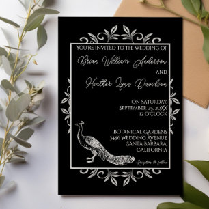 Black Peacock Flourish Wedding Invitation Kaart