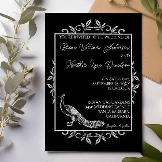 Black Peacock Flourish Wedding Invitation Kaart