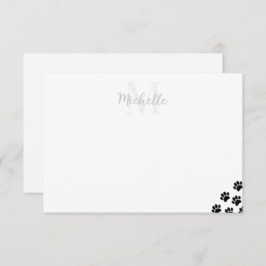 Black Pet Paw Prints Custom Monogram Notitiekaartje (Voorkant / Achterkant)