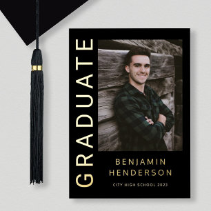 Black Photo Boy Gold Foil Faire-part de graduation