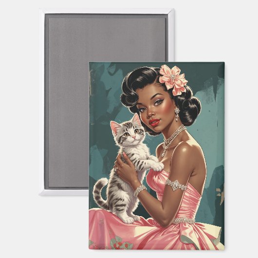 Black Pin-Up Roze Jurk en Schattigee Kitten Magneet (Voorkant / Achterkant)