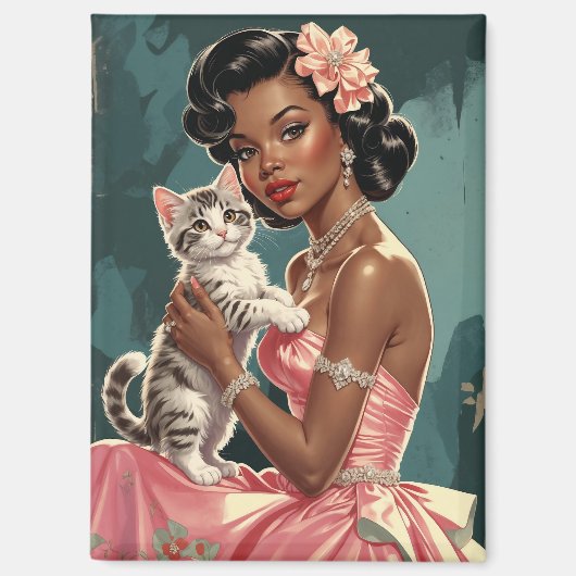 Black Pin-Up Roze Jurk en Schattigee Kitten Magneet (Voorkant)