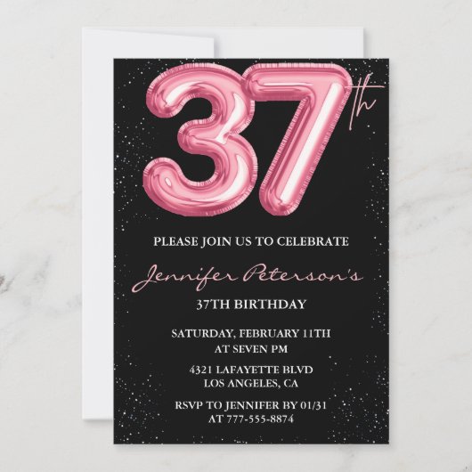 Black Pink 37e verjaardag uitnodigingen Balloon Gl (Voorkant)