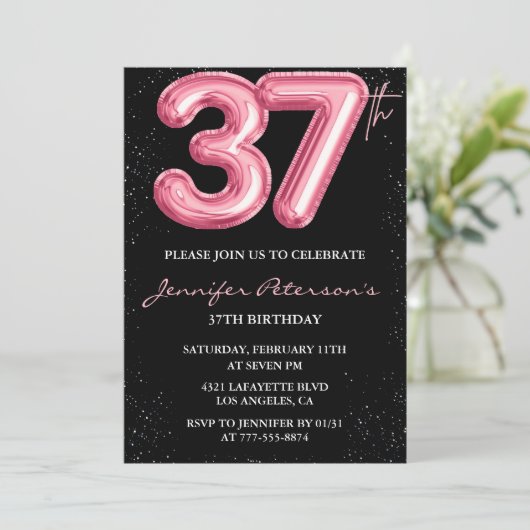 Black Pink 37e verjaardag uitnodigingen Balloon Gl (Staand voorkant)