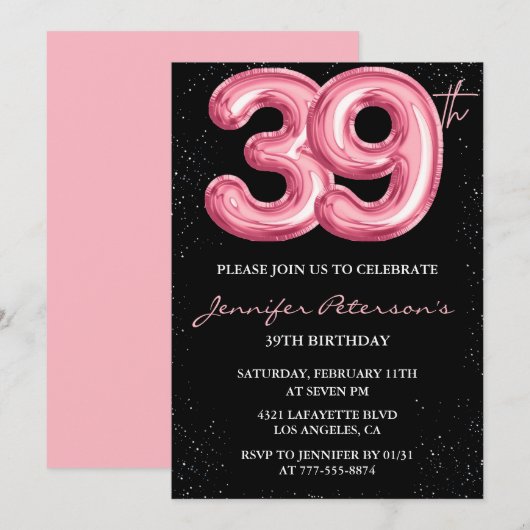 Black Pink 39e verjaardag uitnodigingen Balloon Gl (Voorkant / Achterkant)