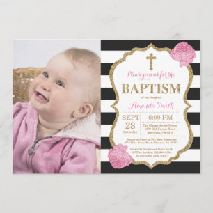 Black Pink and Gold Glitter Baptism Invitation Kaart