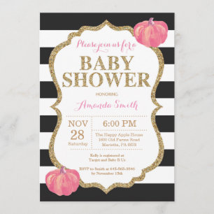 Black Pink and Gold Pumpkin Baby shower Invitation Kaart
