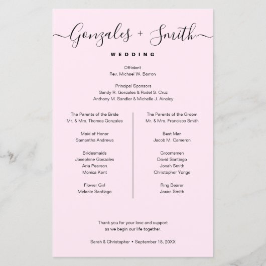 Black Pink bridal party Wedding Timeline list (Voorkant)