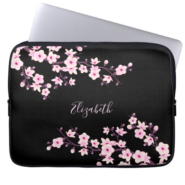 Black Pink Cherry Blossom Monogram Laptop Sleeve (Voorkant)