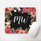 Black Pink Coral Boho Flower Lijst Monogramed Muismat (Met muis)