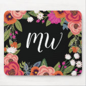 Black Pink Coral Boho Flower Lijst Monogramed Muismat (Voorkant)