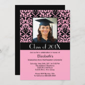 Black Pink Damask Afstuderen Invitation Foto Kaart (Voorkant / Achterkant)