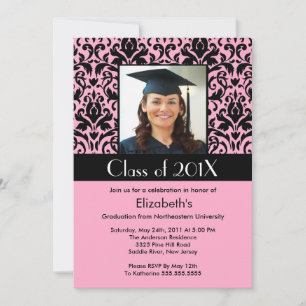 Black Pink Damask Afstuderen Invitation Foto Kaart