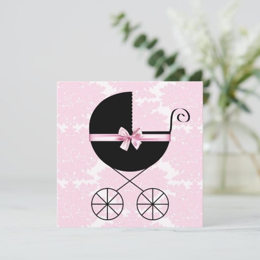 Black Pink Damask Baby Shower Uitnodigingen (Staand voorkant)