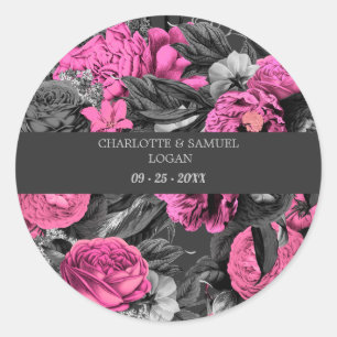 Black Pink Floral Modern Chic Floral Wedding Ronde Sticker