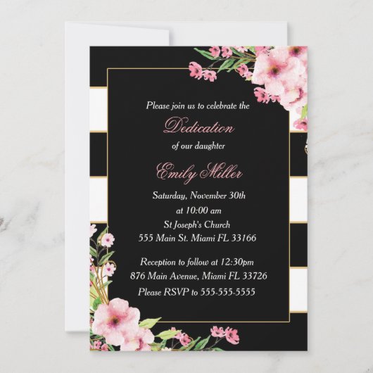 Black Pink Floral Stripes Dedication Invitation Kaart (Voorkant)