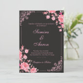 Black & Pink Floral Wedding Invitation (Debout devant)