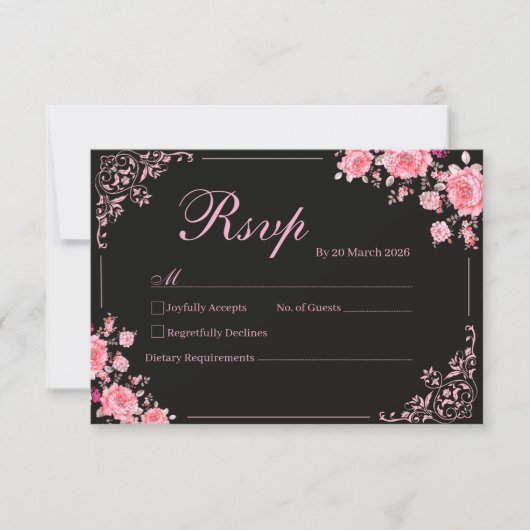 Black & Pink Floral Wedding RSVP Card (Devant)
