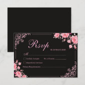 Black & Pink Floral Wedding RSVP Card (Devant / Derrière)