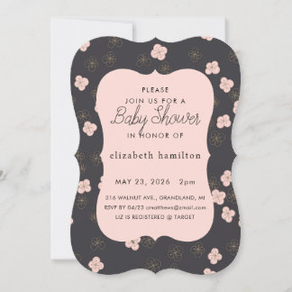 Black & Pink Flowers Baby Shower Invitation Kaart