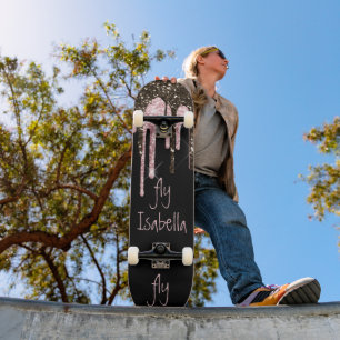 Black Pink Glitter Girly Sparkle Persoonlijke naam Skateboard