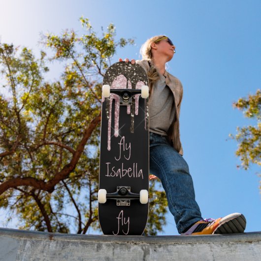 Black Pink Glitter Girly Sparkle Persoonlijke naam Skateboard (Buiten 1)