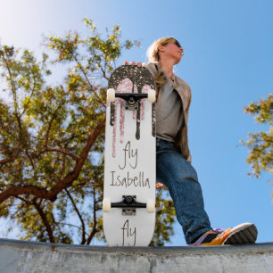 Black Pink Glitter Girly Sparkle Persoonlijke naam Skateboard