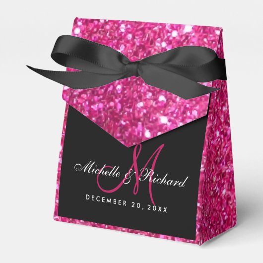 Black Pink Glitter Monogram Weddenschap Vor Box Bedankdoosjes (Voorkant Zijde)
