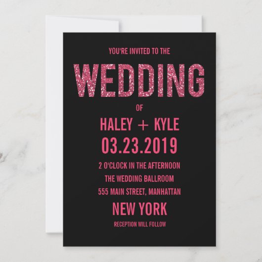 Black & Pink Glitter Typography Wedding Invitation Kaart (Voorkant)